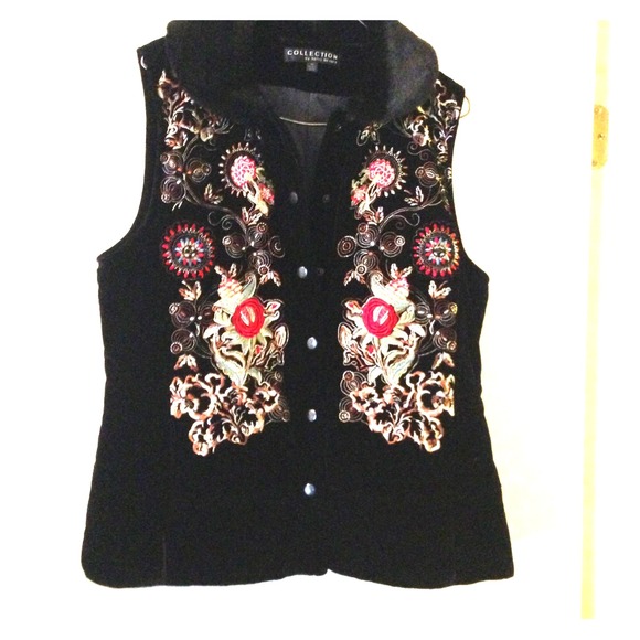 Embroidered black velvet like vest