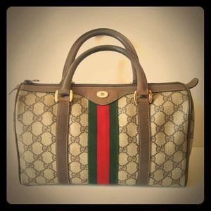 Auth Vintage Gucci Monogram Boston Bag Red Green