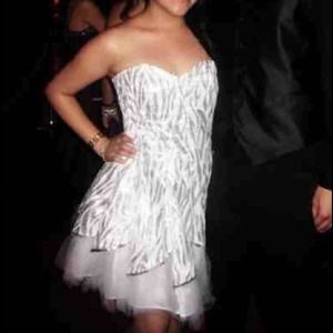 Short white and sequined zebra print prom dress