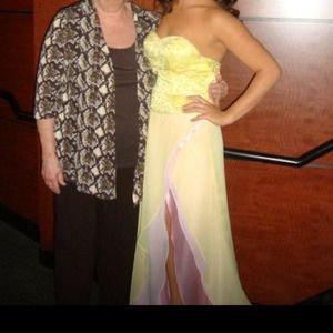 Gorgeous soft yellow with pink under prom/pageant