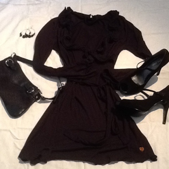 Black cotton party dress with ruffle collar - Picture 2 of 4