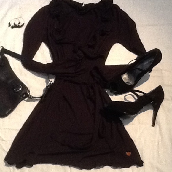 Black cotton party dress with ruffle collar - Picture 3 of 4