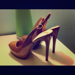 Camel color patent leather sling back heels