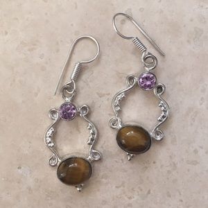 AMETHYST AND TIGERS EYE STERLING SILVER EARRINGS