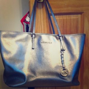 Silver Metallic Large Tote Michael Kors