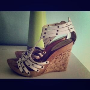 White Jessica Simpson wedges.Cork and wood wedges