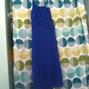 One shoulder blue floor length dress