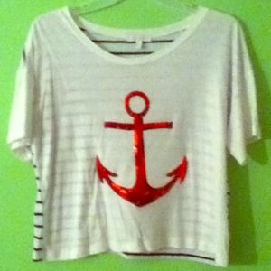 Cute top with sequined anchor and stripes on back.