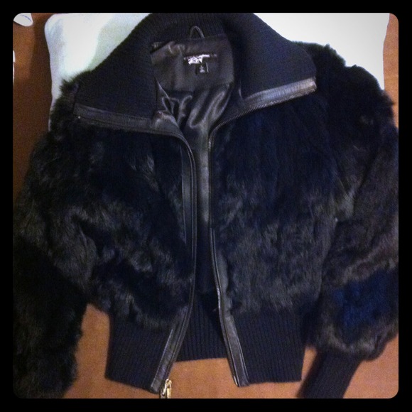 REDUCED! Black Rivet Rabbit Fur Bomber jacket