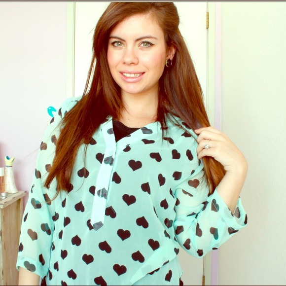 SOLD!! Heart print sheer mint green top