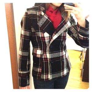 Plaid pea coat in red/white/maroon
