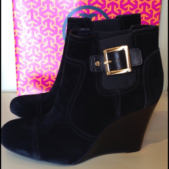 Tory Burch Black Suede Wedge Booties