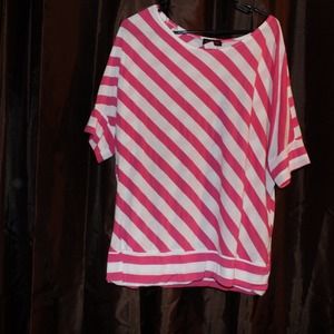 Pink and white striped top.