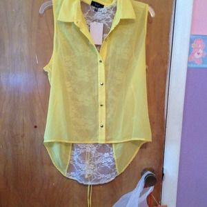 yellow  sheer short sleeve lace blouse