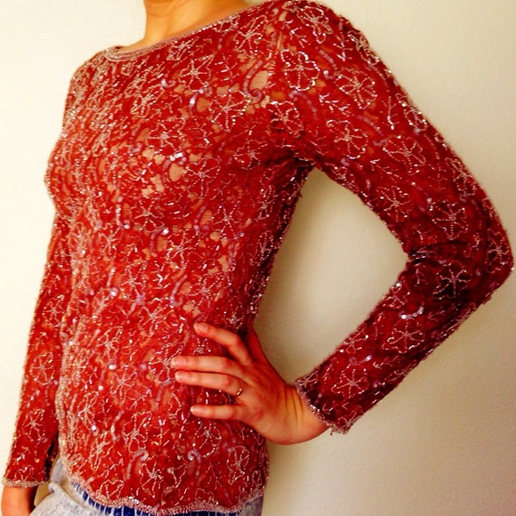 Vtg Beaded Sequined Brown Long Sleeve Shirt Blouse