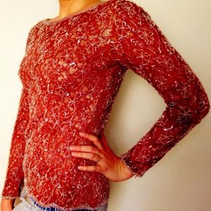 Vtg Beaded Sequined Brown Long Sleeve Shirt Blouse