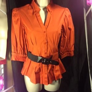 Burnt orange small button-down stretch-belt top