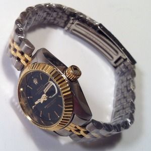Womens Two-tone Rolex, Black Oyster Date Adjust.