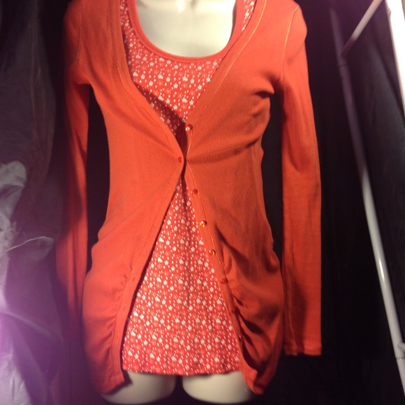 Ruched burnt orange two-for-one cardigan and tank