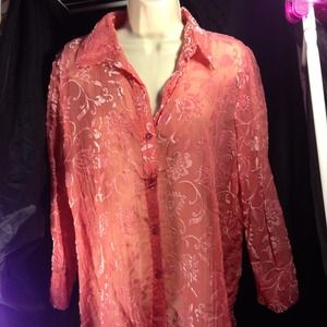 Long sleeved sheer pink button down blouse
