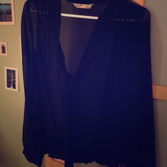 Navy sheer tie front blouse