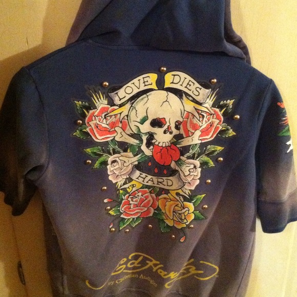 Ed Hardy Short Sleeve Hoodie: "Love Dies Hard" - Picture 1 of 3