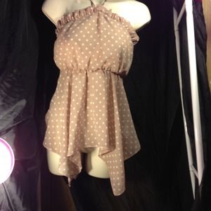 Drapey tan assymetrical polka dot sleeveless top.