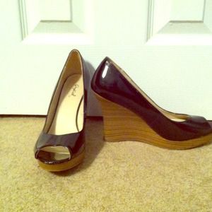 Black patent peep toe wedge