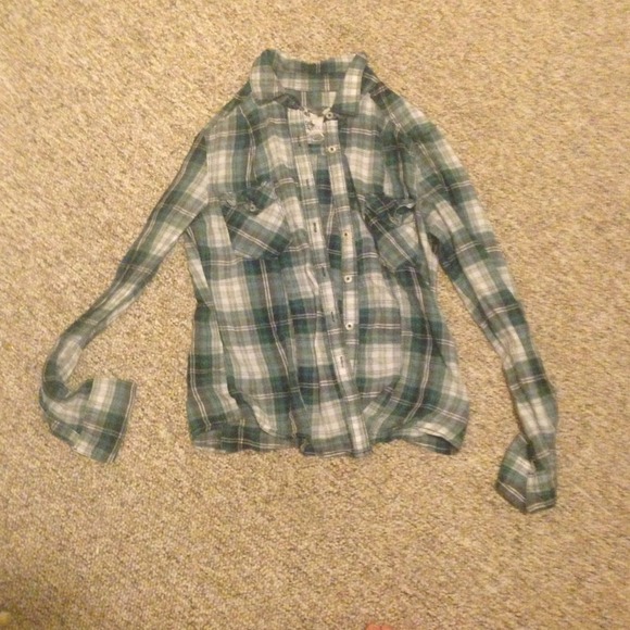 Blue green white plaid shirt
