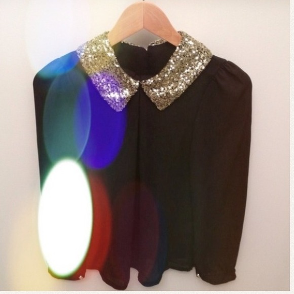 Tops - Black chiffon sequin collar blouse!