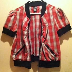 Maurice's red, black and white plaid jacket