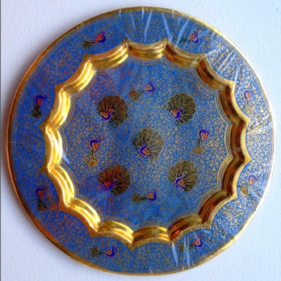 Decorative Brass Plates with Peacock Motif (Blue)