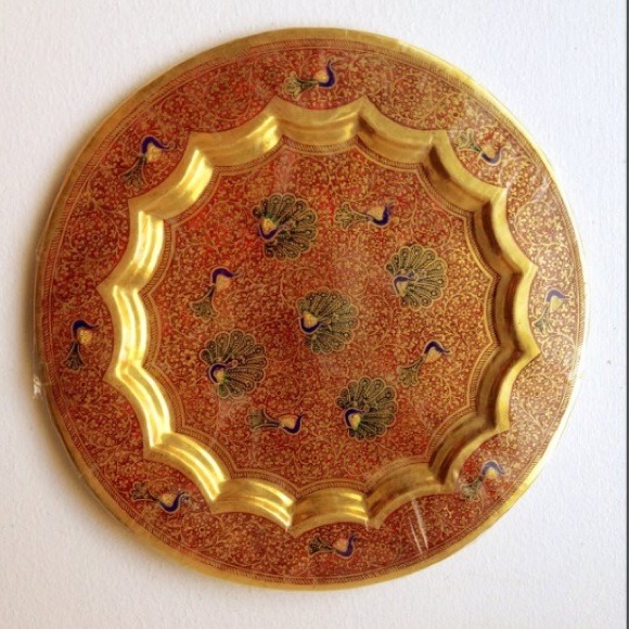 Decorative Brass Plates w/ Peacock Motif (Orange)