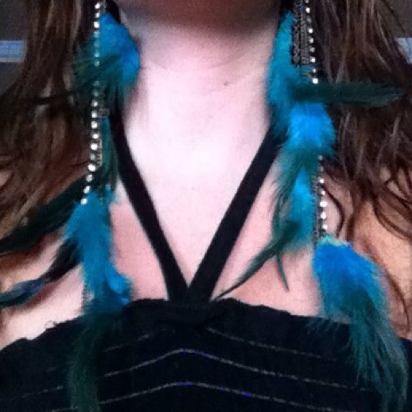 Jewelry - Turquoise Feather earrings w/ rhinestone strands