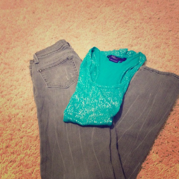 Teal shimmer razed back grey skinny jeans