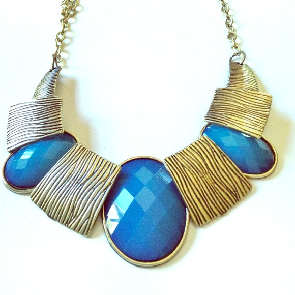 Vintage Blue Stone Brass Tassels & Chain Necklace