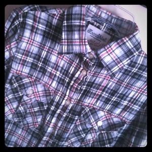 Black, grey, white and red plaid shirt