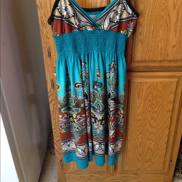 Green with multi color knee length dress