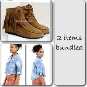Camel soft tassel lace up ankle boots, and shirt