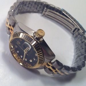 Womens Two-Tone Rolex Black Oyster Date Adjust.