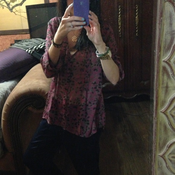 Sheer purple and black floral blouse