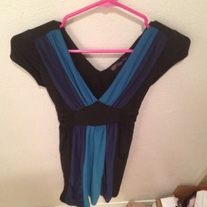 Black, navy blue, and teal color-blocking dress