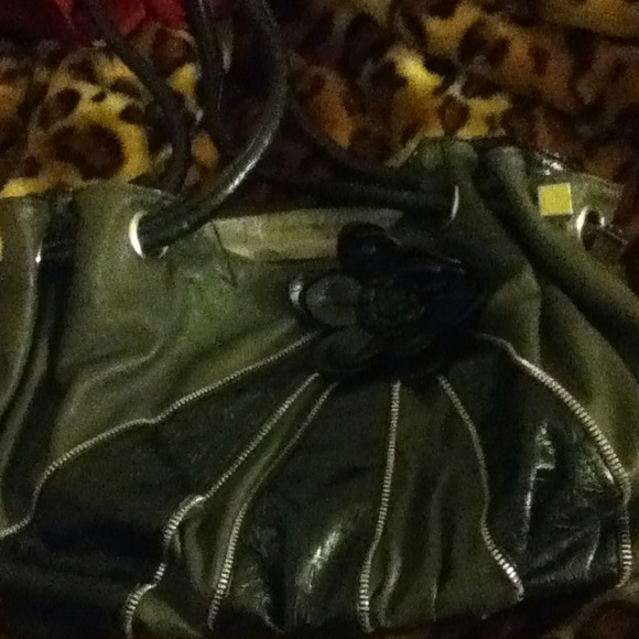 Gray and black flowered purse