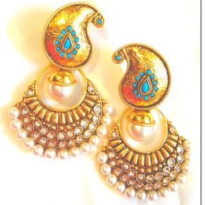 Paisley Drop Earrings-Gold & Turquoise with Pearls