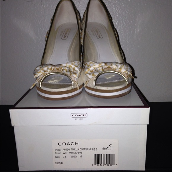 Coach Beige Canvas with Wooden Wedge Size 7 1/2