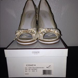 Coach Beige Canvas with Wooden Wedge Size 7 1/2