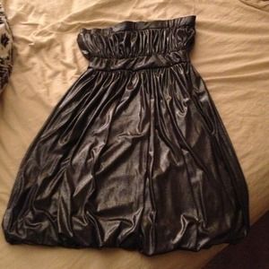 Silver metallic strapless bubble dress.