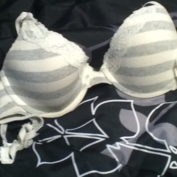 White and gray striped bra with lace