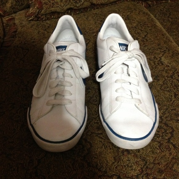 Blue and white nikes.