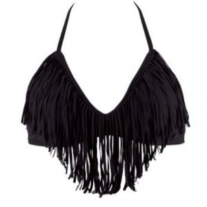 L Space 2013 Black Fringe Halter Bikini Top